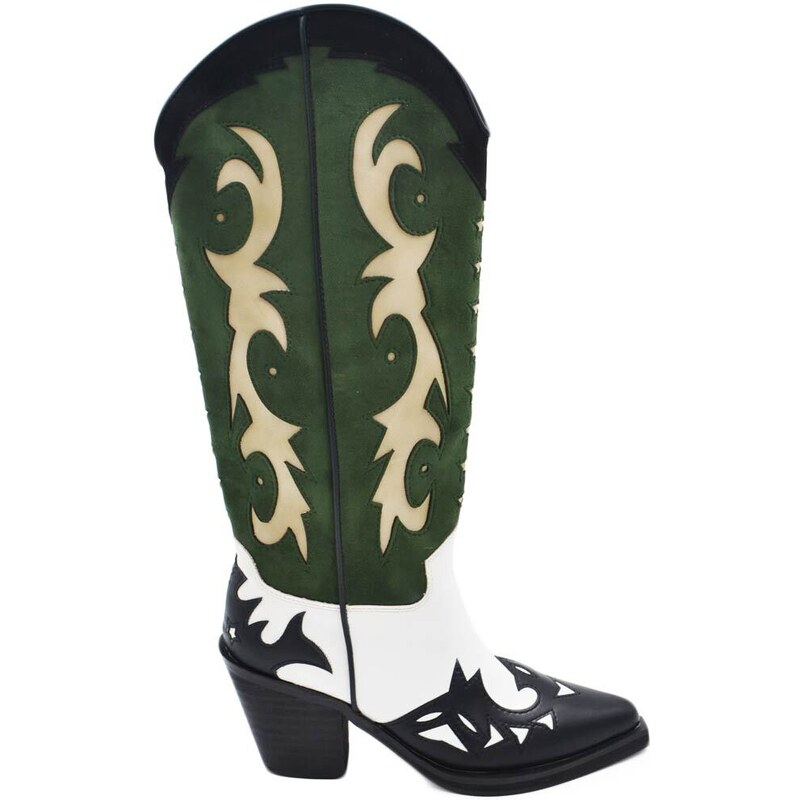 Stivali donna western vero camperos corina tre colori bianco verde nero con stelle altezza ginocchio tacco texano 10