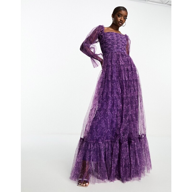 Lace & Beads - Vestito lungo in organza viola con maniche a sbuffo e stampa floreale