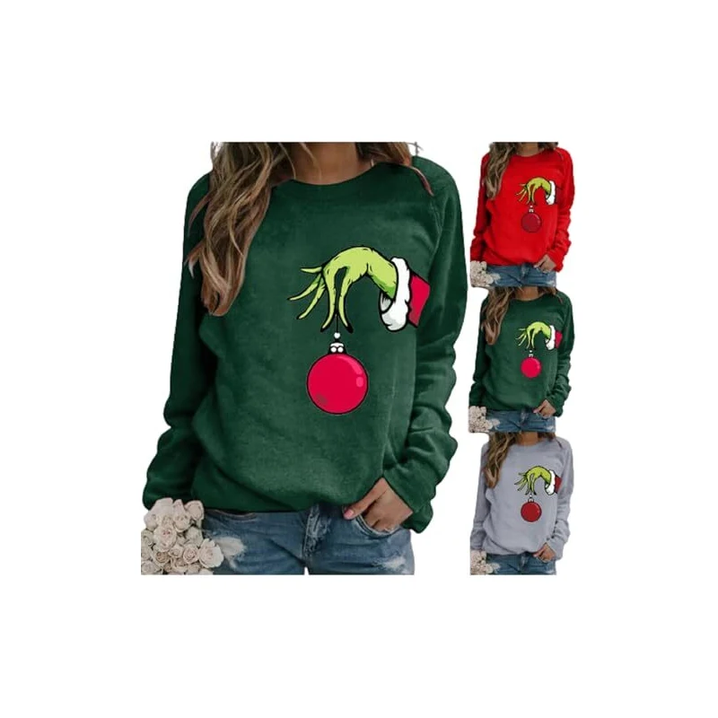 LOTUCY Felpa Natalizia Donna Con Ricamo Agrifoglio E Jolly - Maglione Manica Lunga Girocollo, Verde, Taglia L, Morbido Cotone