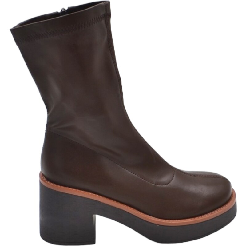 Malu Shoes Tronchetti platdorm donna marrone opaco a punta tonda tacco comodo doppio 5cm con plateau effetto calzino zip moda