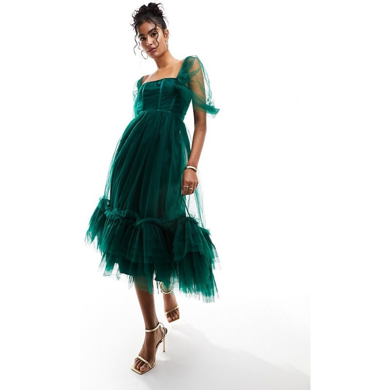 Lace & Beads - Vestito verde bosco in tulle stile corsetto con volant e gonna al polpaccio