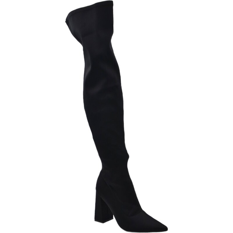 Malu Shoes Stivali donna a punta licra effetto calza sopra al ginocchio nero con tacco largo alto aderenti sexy