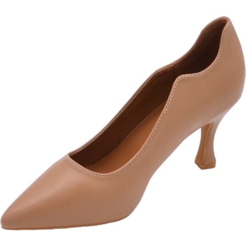 Malu Shoes Decollete' scarpa donna a punta in pelle beige opaca con tacco cono 7 cm e bordo asimmetrico comoda stabile