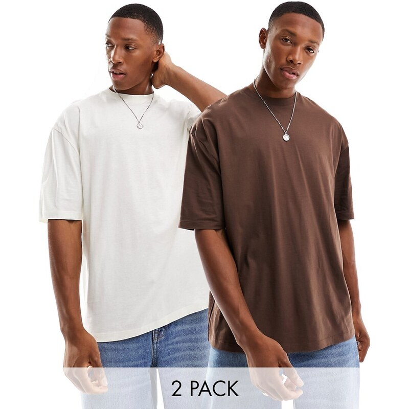 ASOS DESIGN - Confezione da 2 T-shirt oversize girocollo marrone ed écru-Multicolore