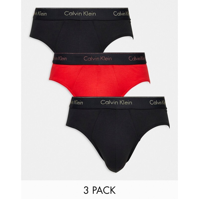 Calvin Klein - Confezione da 3 slip neri e rossi con fascia in vita con logo colorato-Multicolore