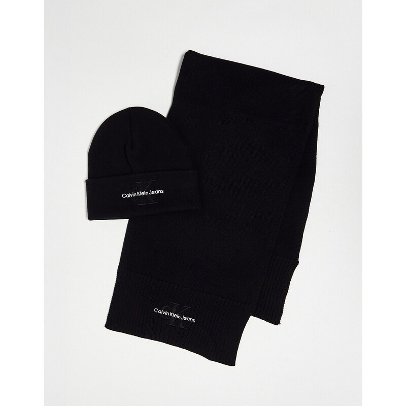 Calvin Klein Jeans - Set con berretto e sciarpa neri con monogramma-Nero