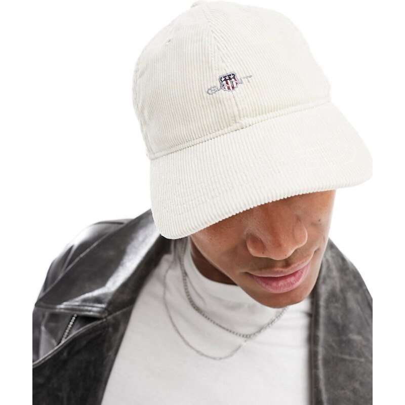 GANT - Cappellino in tessuto a coste crema con logo dello scudo-Bianco