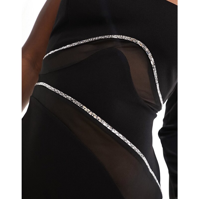 ASOS DESIGN - Vestito corto monospalla in rete nera con scollo a intaglio e finiture con strass-Nero