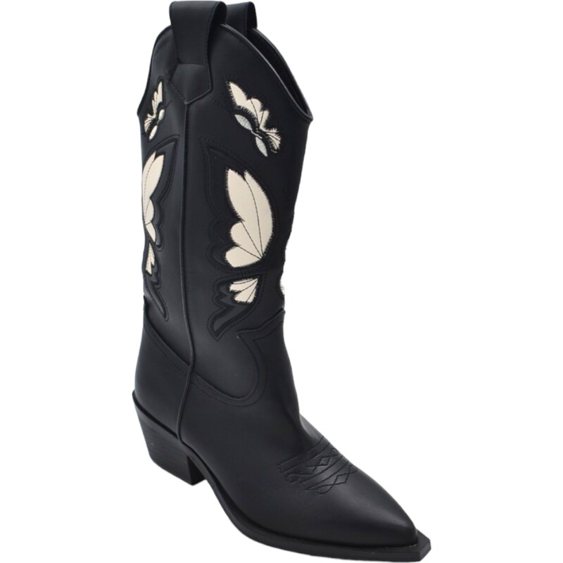 Stivali donna western vero camperos Corina nero con farfalle bianco altezza media tacco texano 5 cm