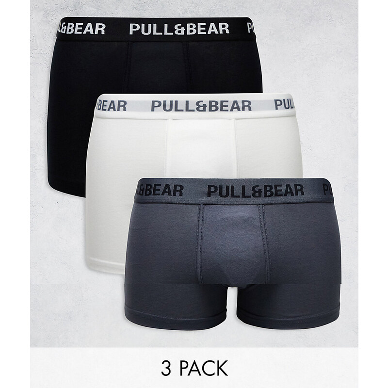 Pull&Bear - Confezione da 3 paia di boxer aderenti con fascia in vita a contrasto bianchi, grigi e neri-Multicolore