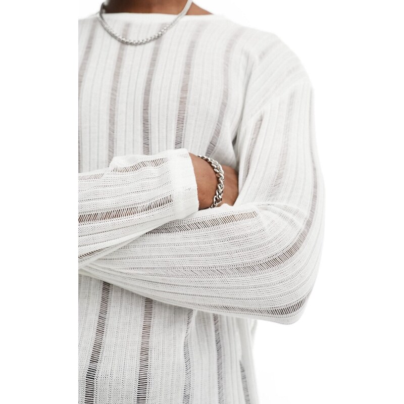 Pull&Bear - Maglietta a maniche lunghe in maglia traforata bianca-Bianco