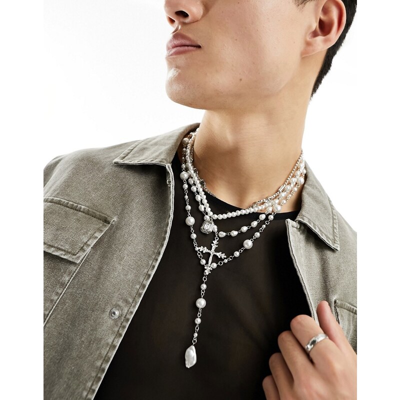 ASOS DESIGN - Confezione da 4 collane appariscenti con perle e cristalli-Argento