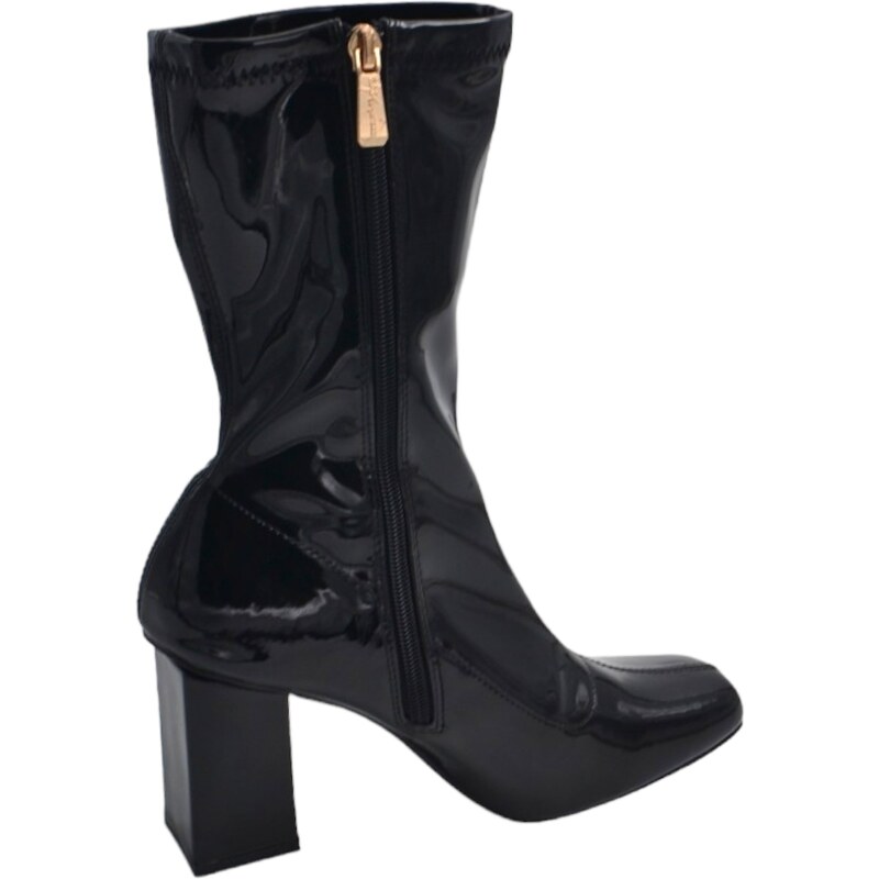 Malu Shoes Tronchetti alti donna nero lucido a punta quadrata tacco comodo doppio 6cm effetto calzino zip moda