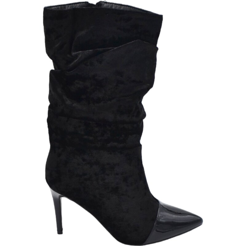 Malu Shoes Tronchetto stivaletto nero donna in velluto arricciato punta lucida tacco a spillo 10 al polpaccio con zip