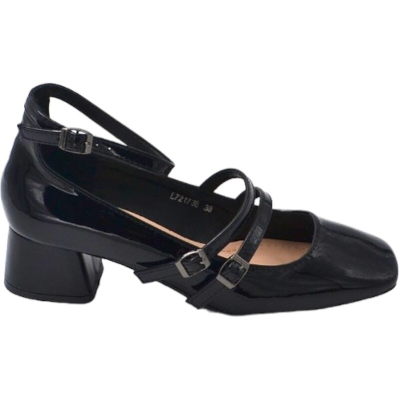 Malu Shoes Scarpa ballerina donna punta quadrata con tacco basso 5 cm cinturini regolabili alla caviglia vernice nero