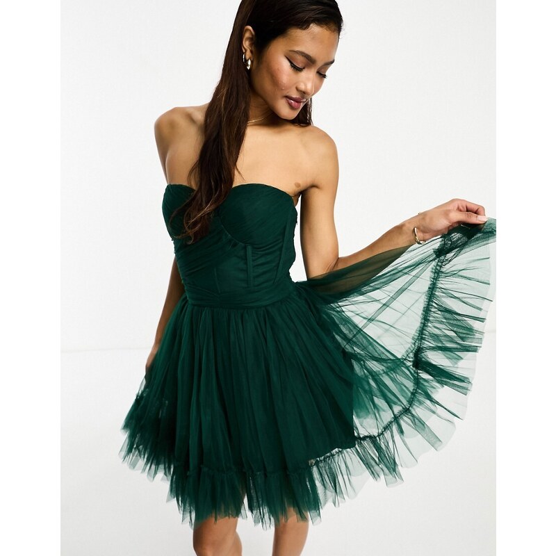 Lace & Beads - Vestito corto con corsetto avvolgente in tulle smeraldo-Verde