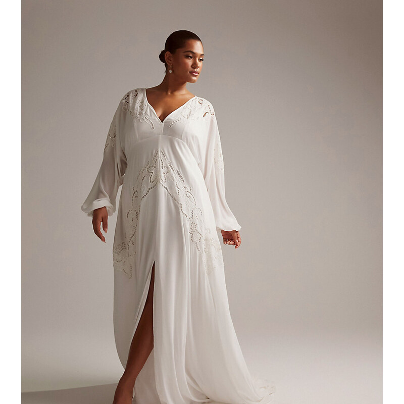 ASOS Curve ASOS DESIGN Curve - Florence - Vestito da sposa a maniche lunghe con dettaglio in pizzo sangallo e scollo profondo-Bianco