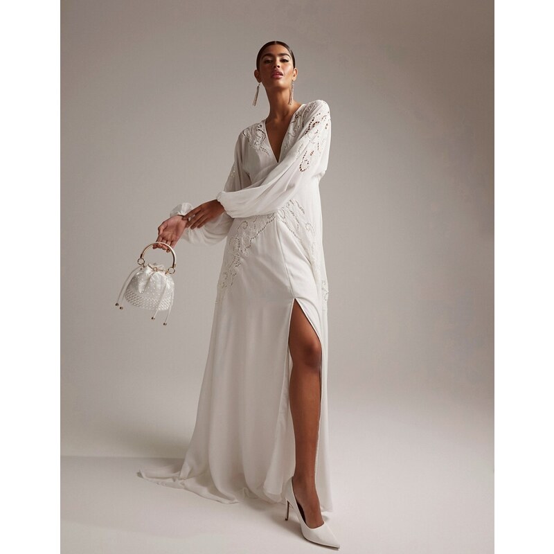 ASOS DESIGN - Florence - Vestito da sposa a maniche lunghe con dettaglio in pizzo sangallo e scollo profondo-Bianco
