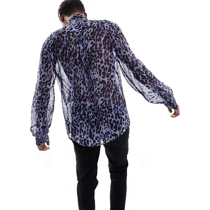 ASOS DESIGN - Camicia trasparente regular fit viola con stampa leopardata allacciata al collo
