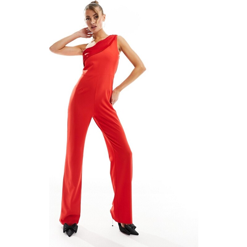 Vesper - Tuta jumpsuit monospalla a fondo ampio rossa con finiture in raso-Rosso