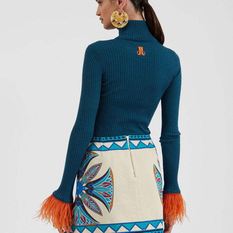 La DoubleJ Knitwear gend - High Kick Top Blue L 70% Cashmere 27% Silk 3%Ostrich Feathers