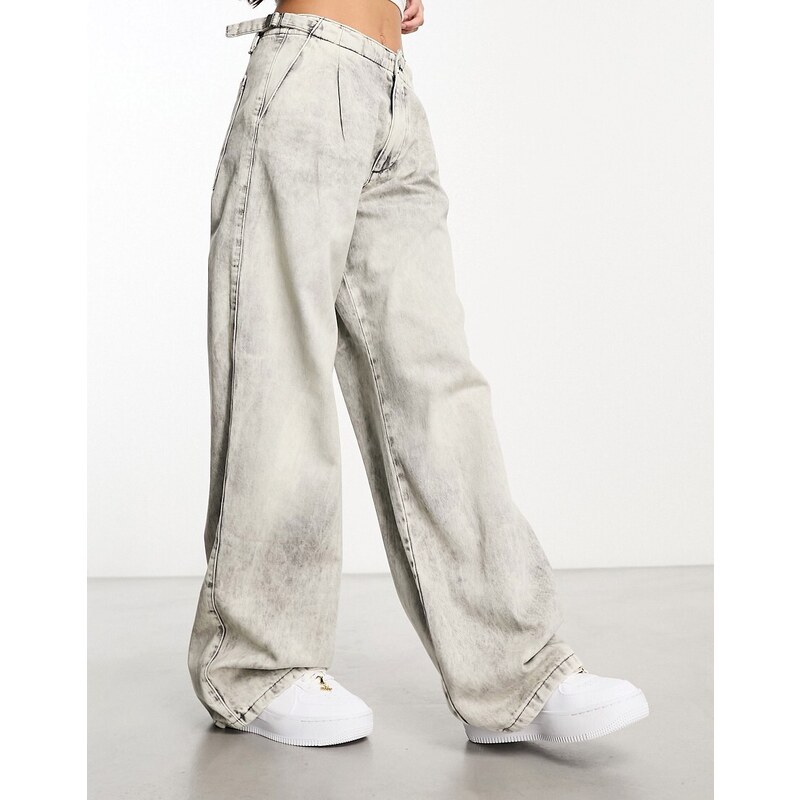 Pull&Bear - Jeans con fondo ampio e vita regolabile lavaggio grigio candeggiato