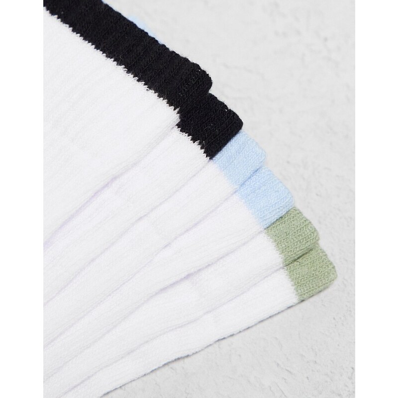 ASOS DESIGN - Confezione da 5 paia di calzini sportivi bianchi con bordo verde, blu e nero-Multicolore