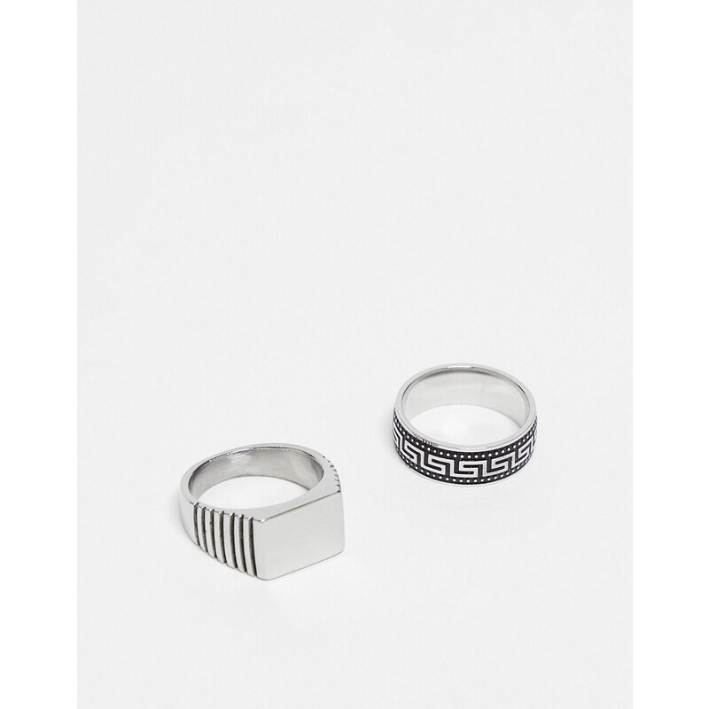 ASOS DESIGN - Confezione da 2 anelli a fascia con onda greca e con sigillo argentati in acciaio inossidabile resistente all'acqua-Argento