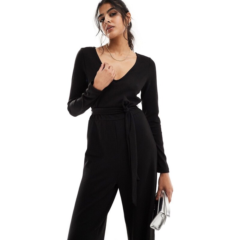 Vero Moda - Tuta jumpsuit nera a fondo ampio in maglia-Nero