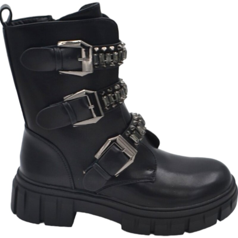 Malu Shoes Stivaletto anfibio scarpa donna nero con cinturini fibbie e strass tono su tono fondo alto in gomma zigrinata zip moda