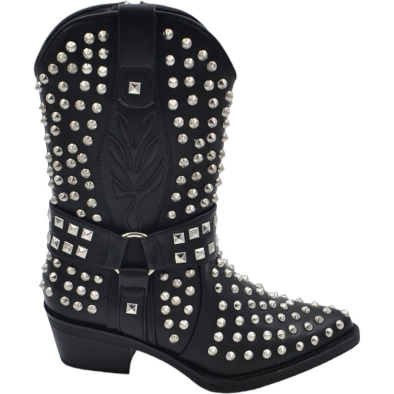Malu Shoes Stivaletti camperos texani donna in ecopelle nera con tacco western comodo 4cm borchie e fibbia argento al polpaccio zip