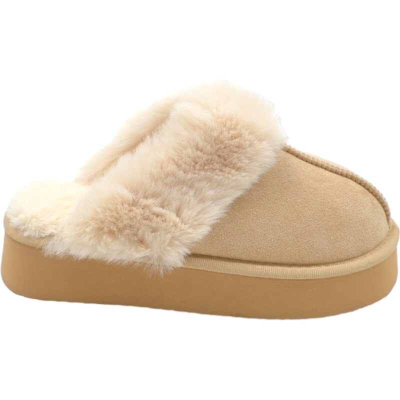 Malu Shoes Ciabatta pantofola donna platform beige con interno di pelliccia bianco senza chiusura comoda fondo alto 4,5 cm
