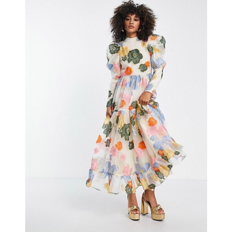 Allegra K Abito Lungo Casual A Trapezio con Maniche Corte A Sbuffo E Collo Quadrato con Stampa Floreale Boho da Donna Blu S