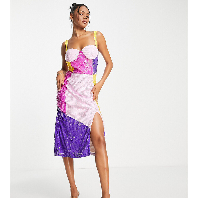 Esclusiva Lace & Beads - Vestito midi con decorazioni color block-Multicolore