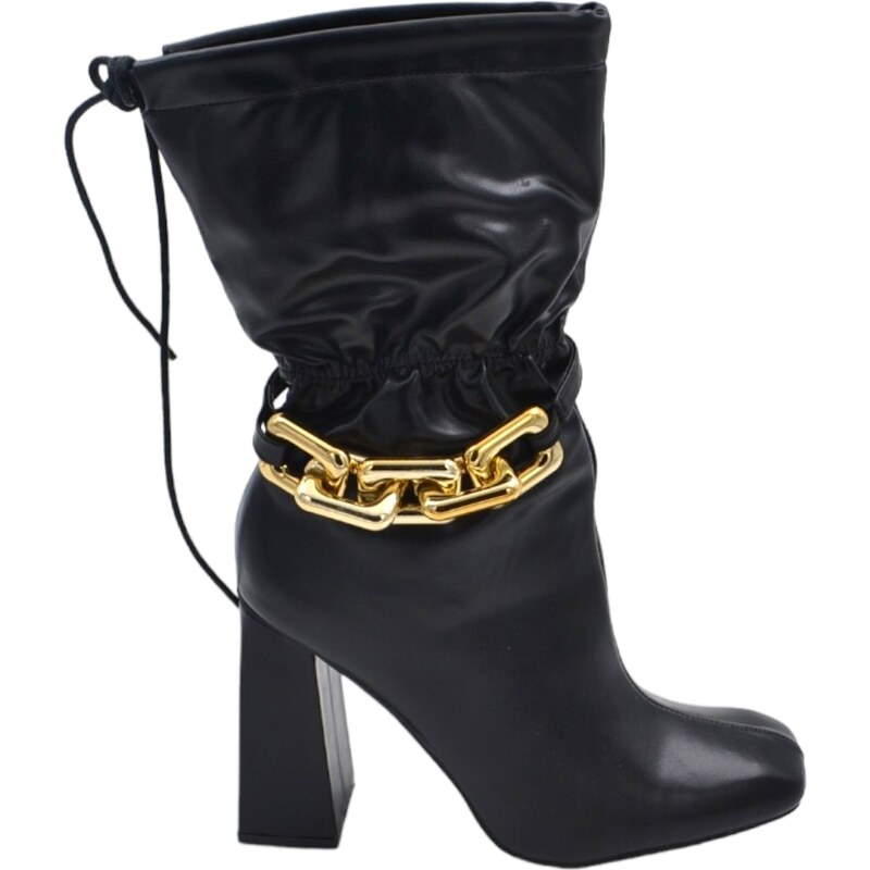 Malu Shoes Scarpe tronchetto punta quadrata donna con tacco alto doppio 10cm laccetto al polpaccio regolabile nero zip catena oro