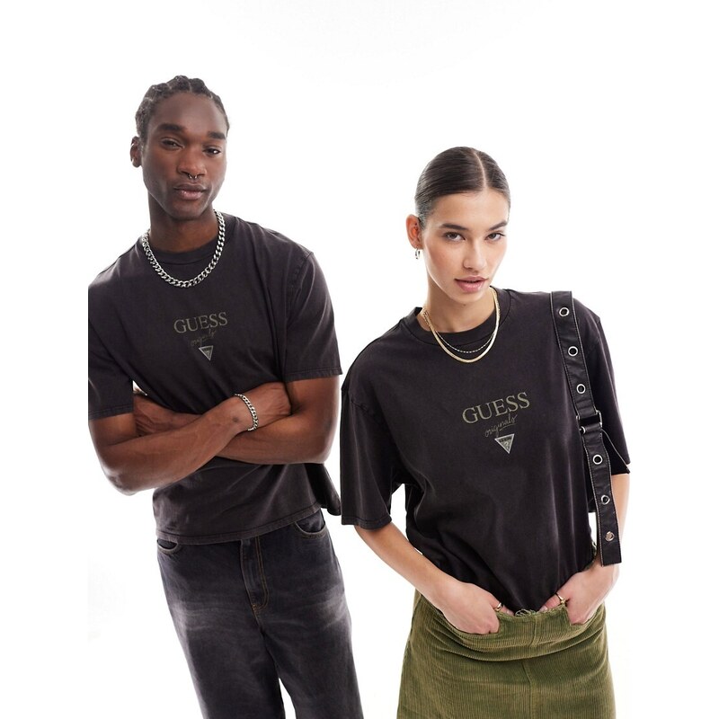 Guess - Originals - T-shirt unisex nera con logo stampato-Nero