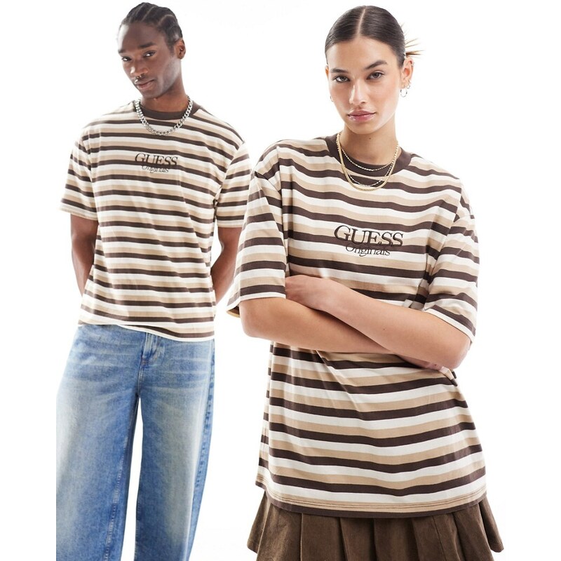 Guess - Originals - T-shirt unisex a righe orizzontali marroni-Marrone