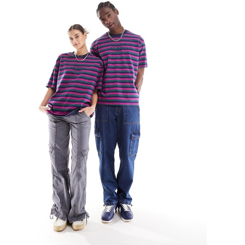 Guess - Originals - T-shirt unisex blu a righe orizzontali