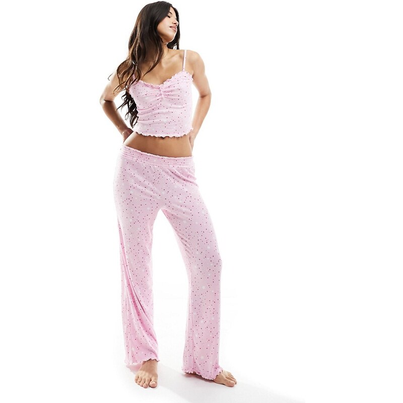 Boux Avenue - Set pigiama rosa a coste con stampa a stelline composto da canottiera e pantaloni a fondo ampio