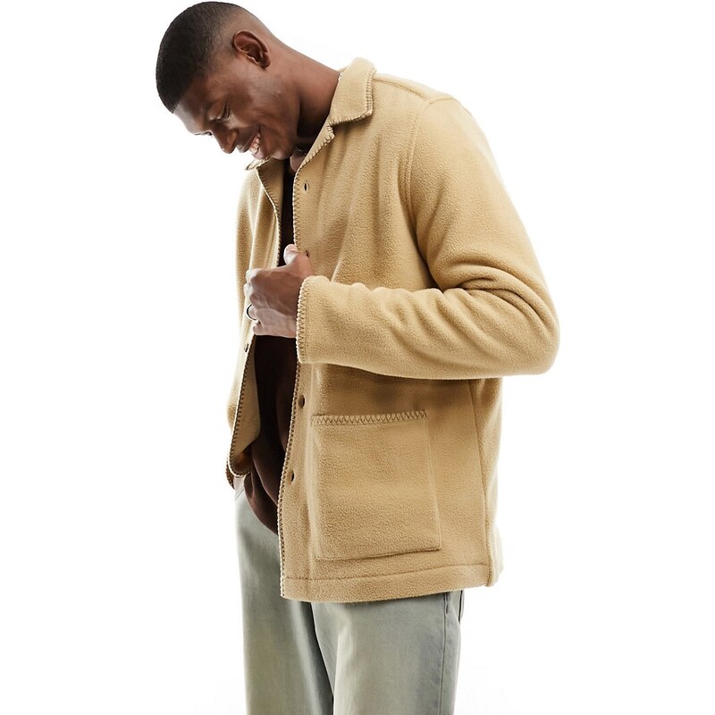 ASOS DESIGN - Camicia comoda in pile beige con cuciture marroni a contrasto e rever-Neutro