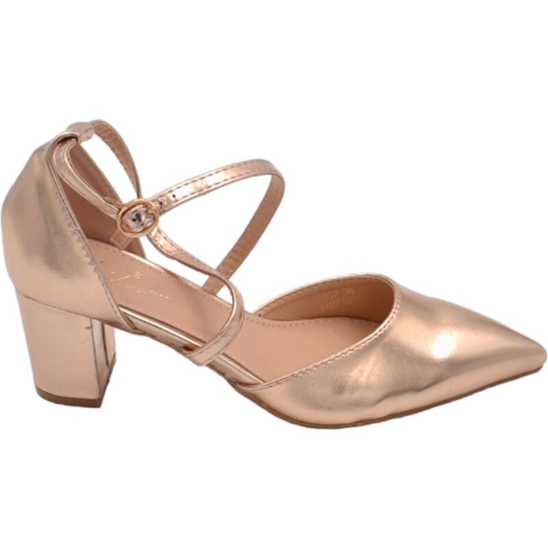 Malu Shoes Scarpa decollete' donna a punta satinato oro rosa tacco largo 3 cm basso cinturino incrociato caviglia stabile comodo