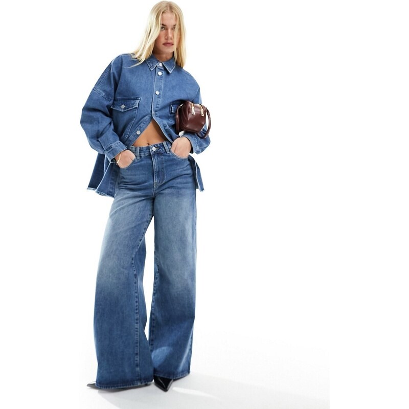 Vila - Jeans a fondo ampio a vita alta blu lavaggio medio in coordinato-Multicolore