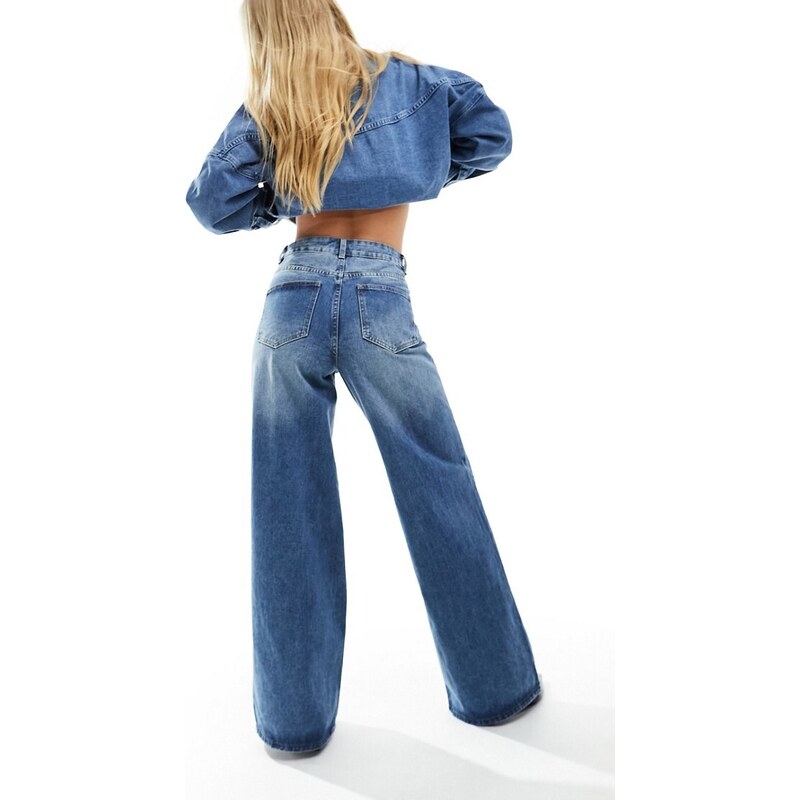Vila - Jeans a fondo ampio a vita alta blu lavaggio medio in coordinato-Multicolore