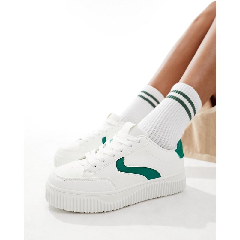 London Rebel - Sneakers bianche e verdi con pannelli e suola scolpita-Bianco