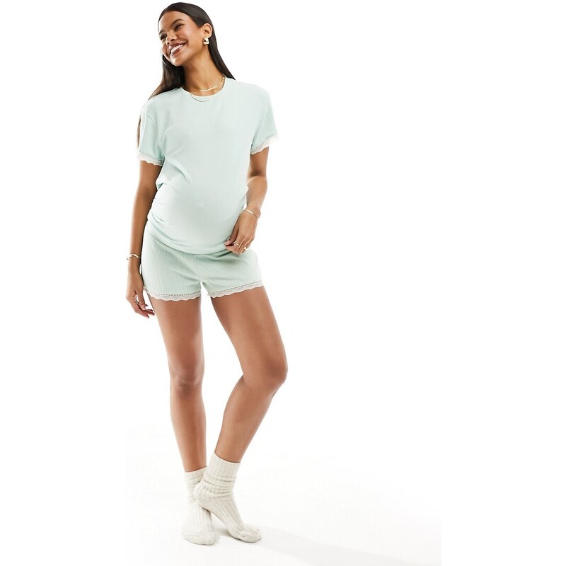 ASOS Maternity ASOS DESIGN Maternity - Mix & Match - T-shirt del pigiama verde in tessuto a nido d'ape e pizzo