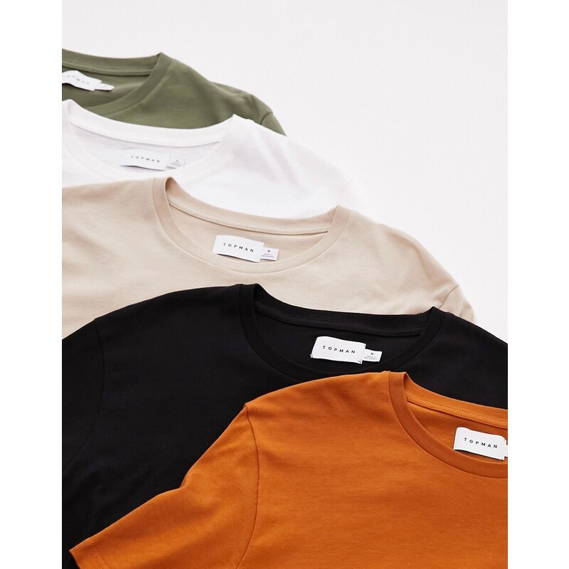 Topman - Confezione da 5 T-shirt classiche nera, bianca, pietra, ruggine e kaki-Multicolore