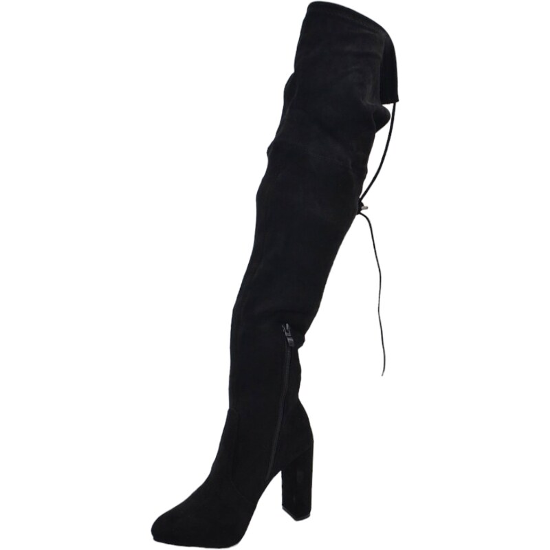 Malu Shoes Stivali donna alti in camoscio nero elastico sopra ginocchio con coulisse e zip tacco quadrato alto 10 cm comodi