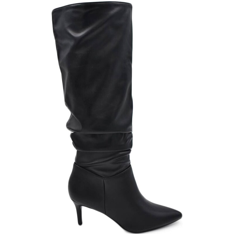 Malu Shoes Stivale alto donna nero in ecopelle con tacco a spillo sottile 7 cm arricciato con zip e punta moda