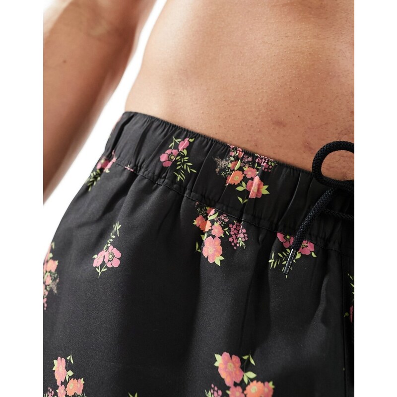 ASOS DESIGN - Pantaloncini da bagno corti con stampa a fiori in coordinato-Nero