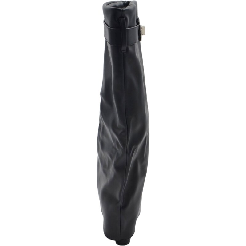 Malu Shoes Stivali donna nero al ginocchio punta tonda risvolto pezzo di pelle sopra zeppa con gancio argento shark liscio moda